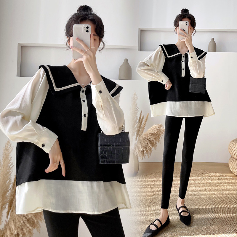 Pregnant women's spring clothing blouses fashion style net red Korean version loose collage 2022 new dolls collar dress and dresses autumn winter-Taobao