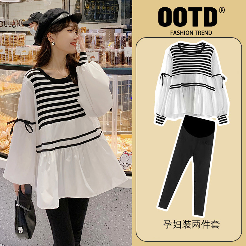 2023 autumn and winter new suit Korean version fashion display slim knit striped splicing shirt big code blouses gestation damp-Taobao