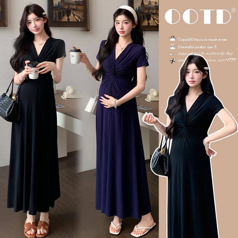 Maternity Wear 2026 Summer Simple Classic V Neck Slim Fit Knotted Maternity Short-Sleeved Waist-Cinching Elegant Dress Plus Size