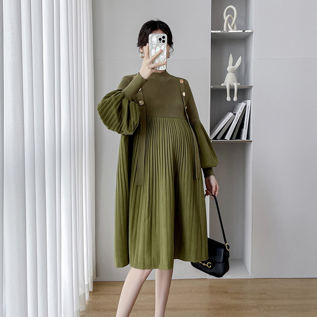 Maternity dress spring and autumn new fashion trendy mother knitting splicing loose and thin lantern sleeve mid-length dress for women