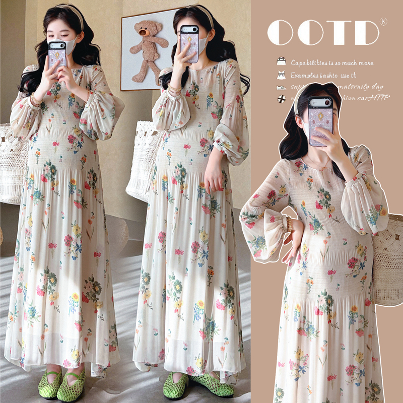 Maternity Wear 2026 Summer New Style French Pastoral Style Printed Heavy Pleated Chiffon Holiday Dress Maternity Dress Maternity Wear 2026 Summer New Style French Pastoral Style Printed Heavy Pleated Chiffon Holiday Dress Maternity Dress