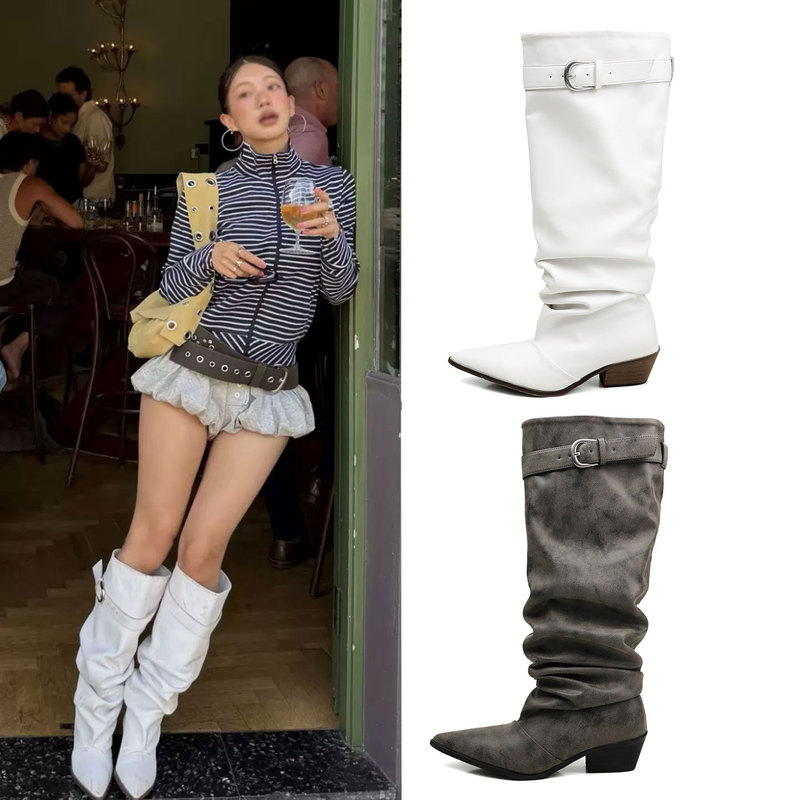 Carlotu Pointed Toe Belt Buckle Knight Boots for Women 2026 New Style Chunky Heel High Boots Pleated Genuine Leather Long Boots Carlotu Pointed Toe Belt Buckle Knight Boots for Women 2026 New Style Chunky Heel High Boots Pleated Genuine Leather Long Boots