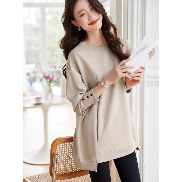 Simple style design mid-length top 2023 spring and autumn new fashion casual texture button round neck sweatshirt for women