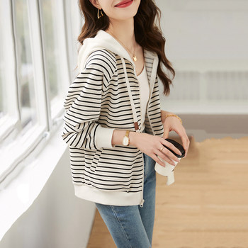 Fashionable Drawstring Casual Jacket Cardigan 2023 Autumn New Commuting Versatile Simple Striped Hooded Jacket for Women