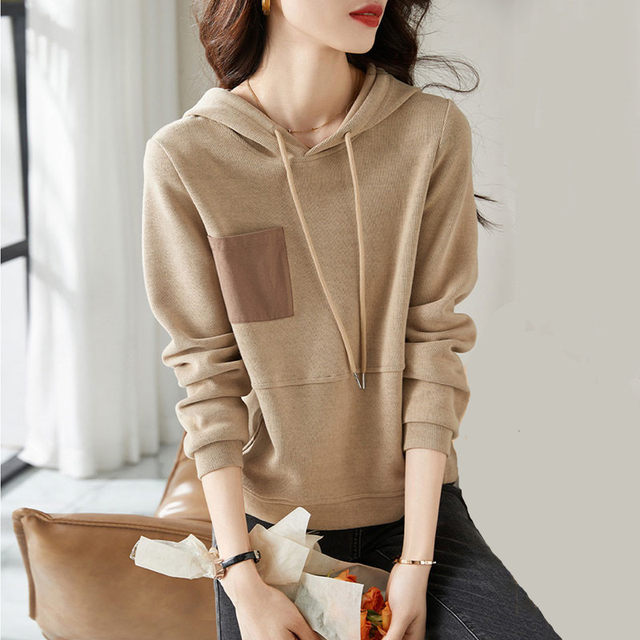 Fashionable and versatile loose hooded sweatshirt for women 2023 spring and autumn new style foreign style contrast pocket casual top slimming