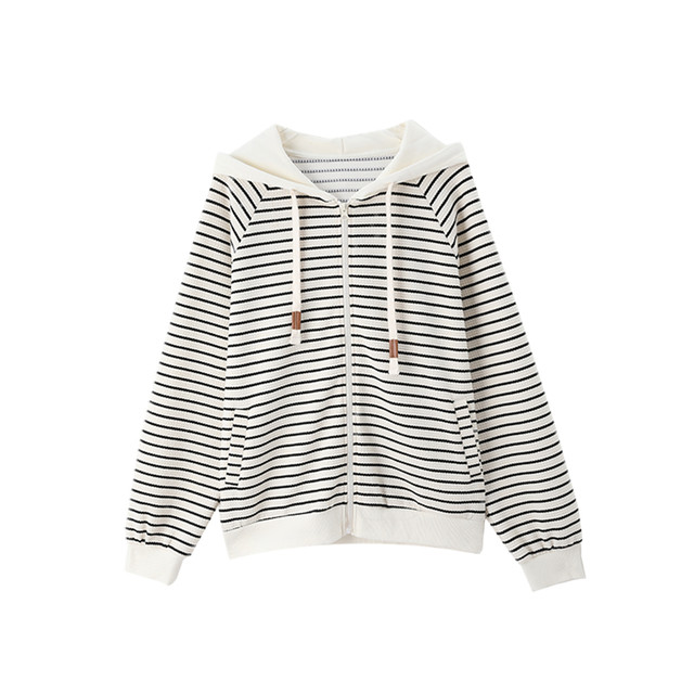 Fashionable Drawstring Casual Jacket Cardigan 2023 Autumn New Commuting Versatile Simple Striped Hooded Jacket for Women