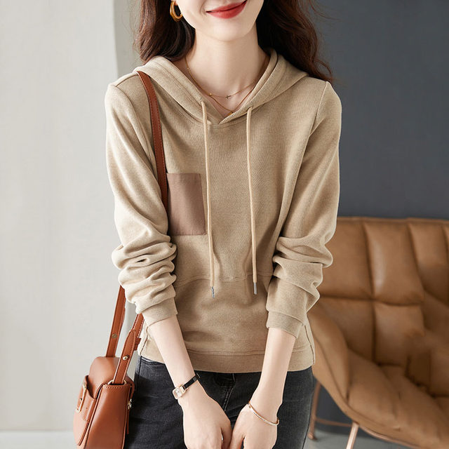 Fashionable and versatile loose hooded sweatshirt for women 2023 spring and autumn new style foreign style contrast pocket casual top slimming