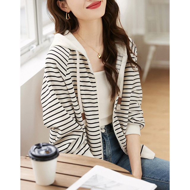 Fashionable Drawstring Casual Jacket Cardigan 2023 Autumn New Commuting Versatile Simple Striped Hooded Jacket for Women