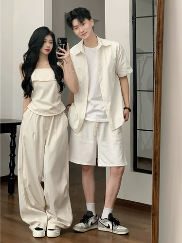 Парная одежда для влюбленных, летняя дизайнерская рубашка, комплект, в американском стиле, тренд сезона, эффект подтяжки