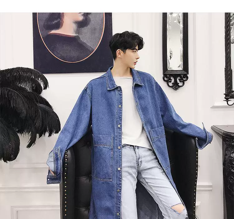 Áo khoác châu Âu 2018 retro denim áo gió nam dài đến đầu gối áo mưa đơn giản áo gió mỏng nam