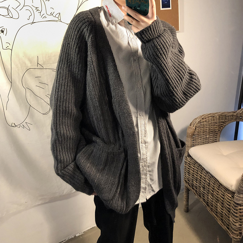 Lazy wind sweater men's spring and autumn Korean style trendy men's loose knitted sweater cardigan jacket leisure student liner men's