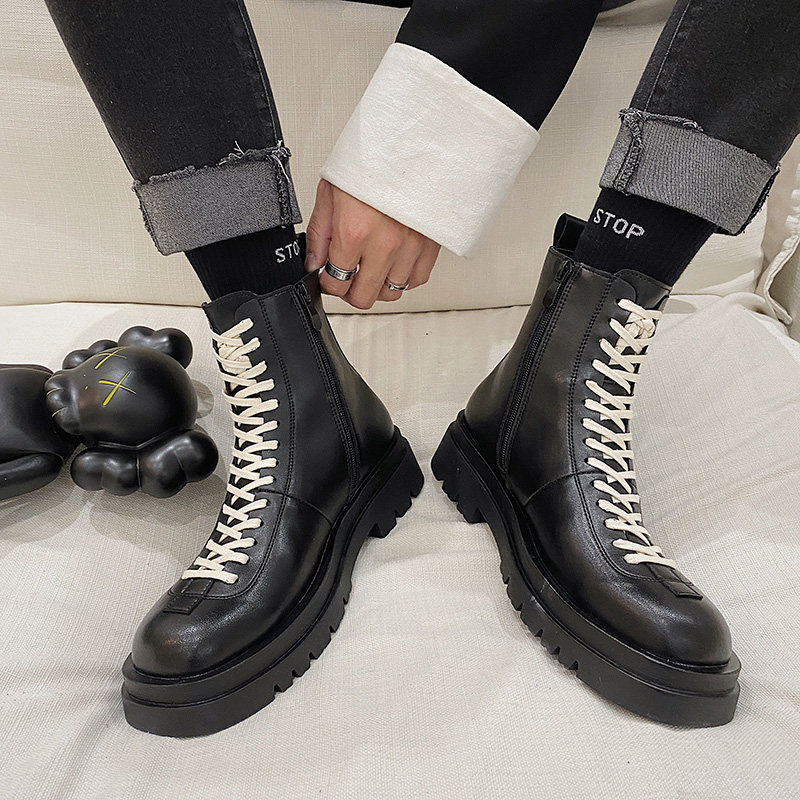 Black Martin boot male high cylinder Inlen wines midcylinder dermis Leather Tide Shoes Tooling Winter lean Locomotive Leather Boots Man