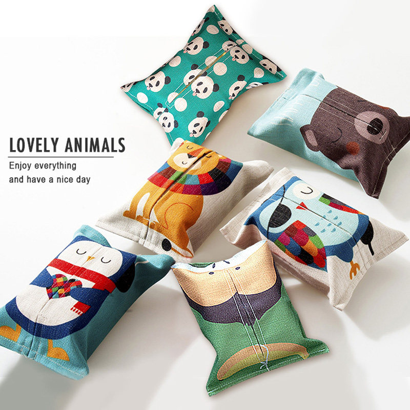 Hemp Cotton Linen Cloth Art Household Tissue Box Cute Cartoon Animal Living Room Toilet Paper Towel Pumping Paper Bag Car Use