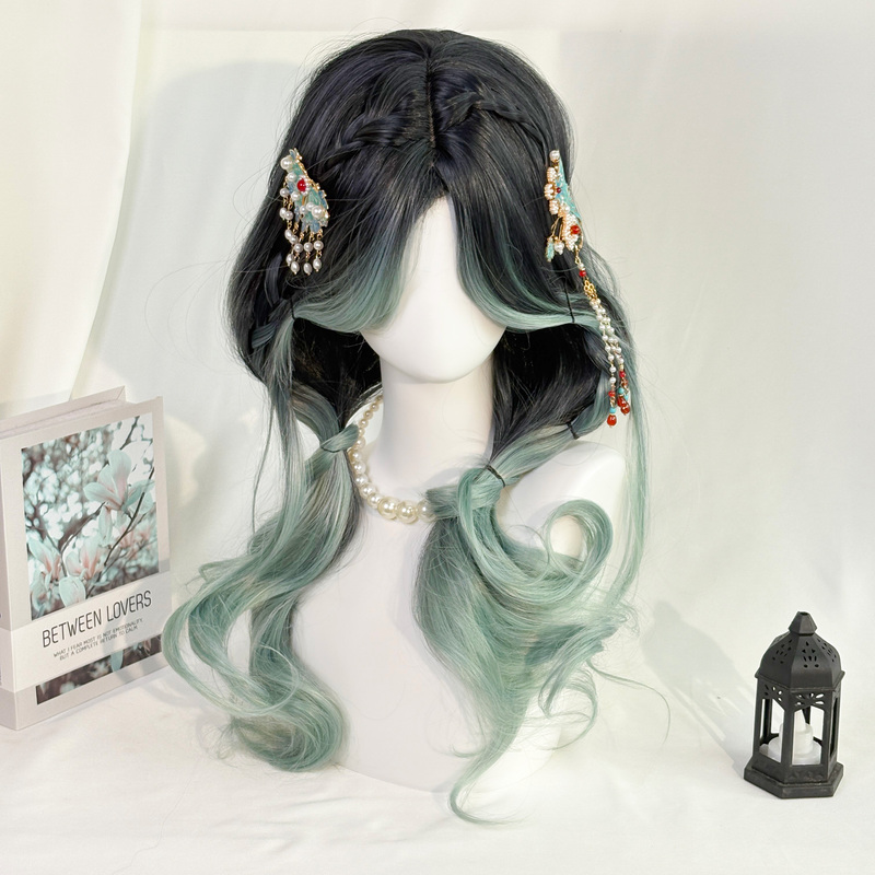 【Lingque Xianrui】Peacock Green Highlights Wig, Long Curly Hair, Naturally Fluffy Full Head Wig