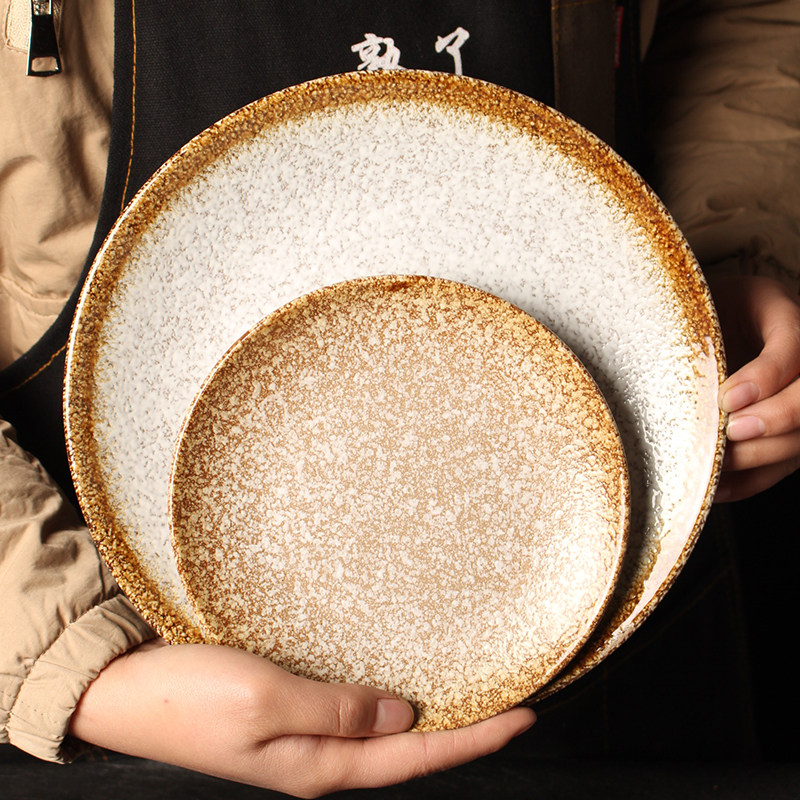 Retro flat disc disc ceramic plate snack breakfast fruit plate home hotel tableware creative round plate