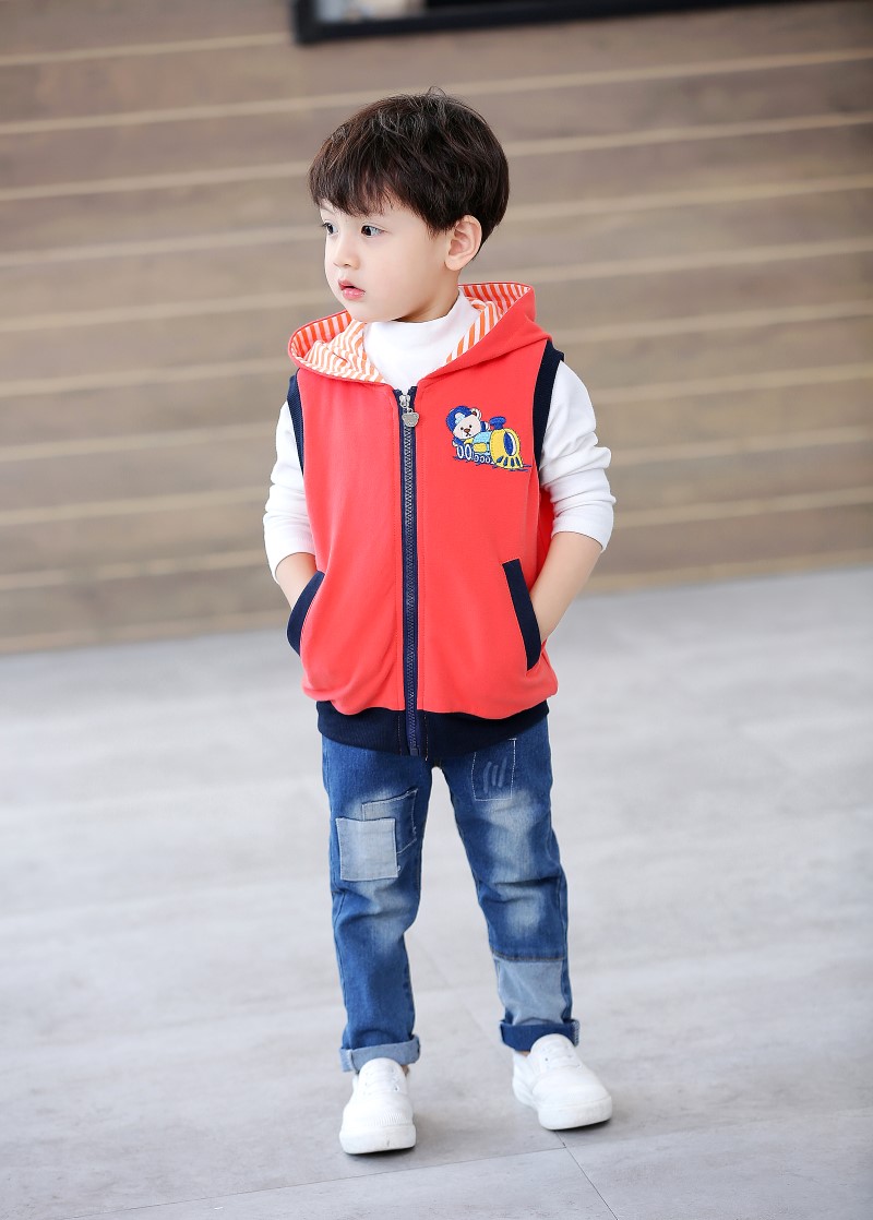 Quần áo trẻ em gấu bé trai vest bé trai trùm đầu vest mùa xuân hoang dã và mùa thu phiên bản mới của Hàn Quốc áo len trẻ em áo gile cho trẻ sơ sinh