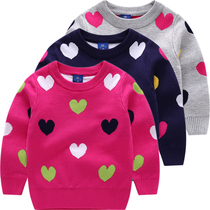 Clear Barn Winter Dress New Korean Version Children Dress Girl Sweaters Small Children Cartoon Needle Cardiovert Love Peach Round Neckline Blouse