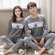 Autumn couple pajamas long sleeve cotton spring Korean cute women plus size loose men round collar home suit suit