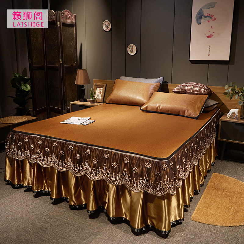 Summer lace bed skirt three-piece set 1 5m thickened foldable ice rattan seat 1 8m bed cover ice silk seat rattan seat