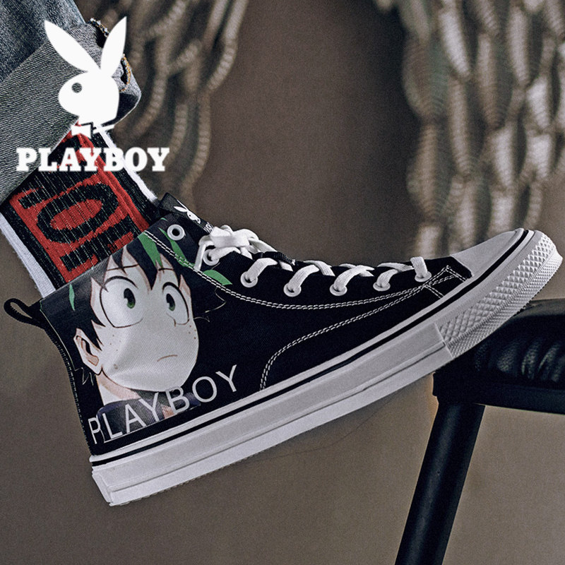Playboy men's shoes winter breathable graffiti high-top canvas shoes men's trend casual shoes students all-match trendy shoes