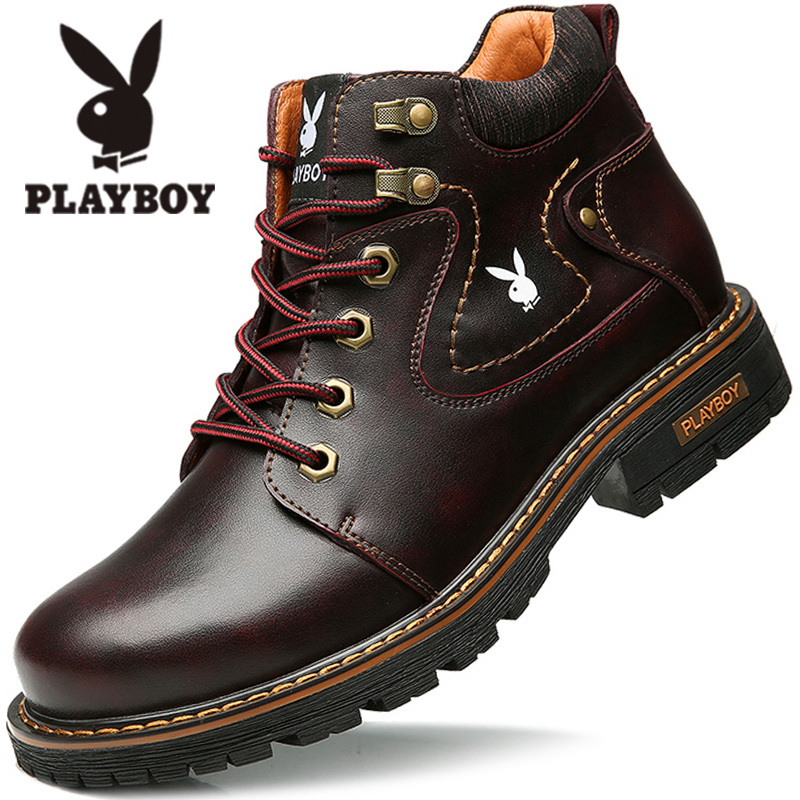 Playboy men's boots winter new leather Martin boots men's high-top British style short boots cotton shoes men's tooling boots