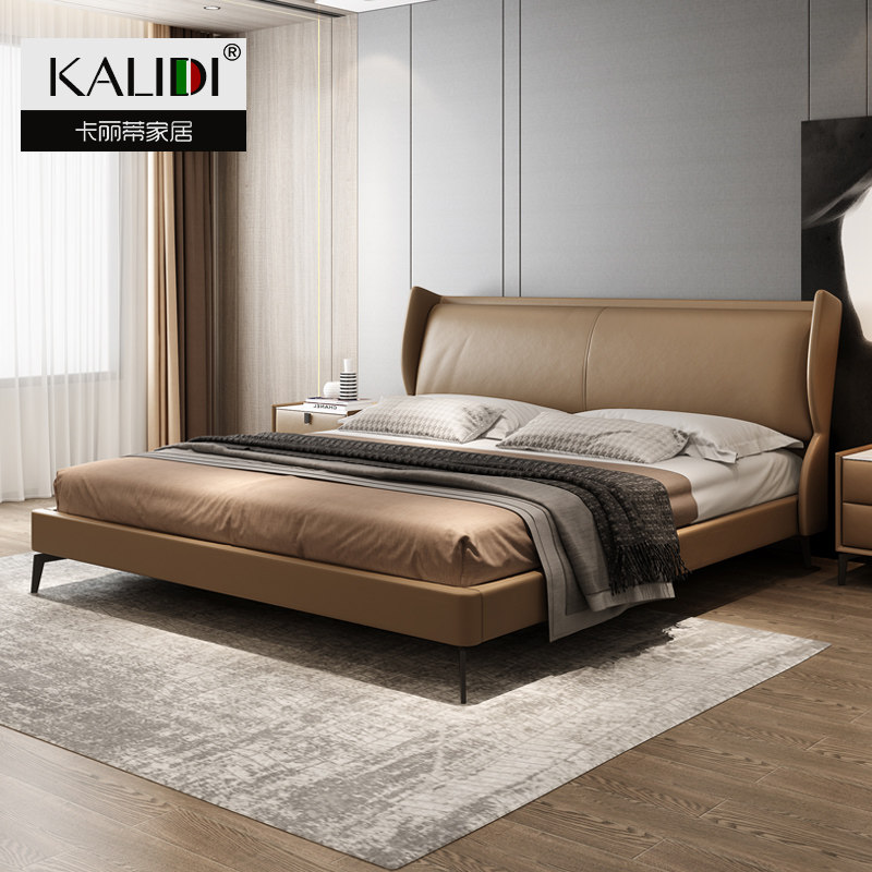 Leather bed light luxury modern minimalist master bedroom high-end Nordic soft bag king bed high box wedding bed Italian minimalist double bed