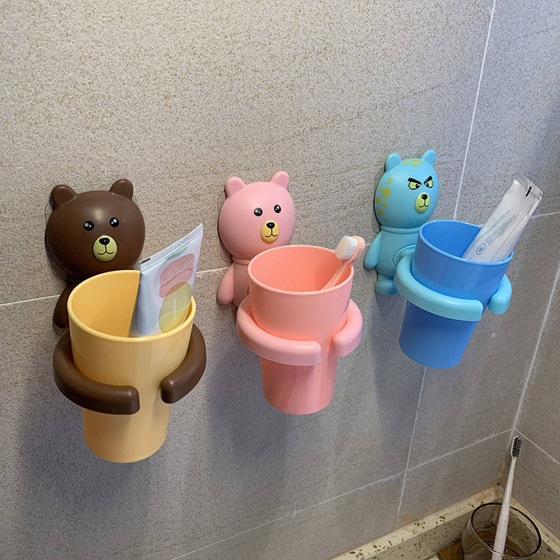 Cartoon bear children's toothbrush cup shelf free punching wall-mounted boy and girl baby brushing teeth household washing cup