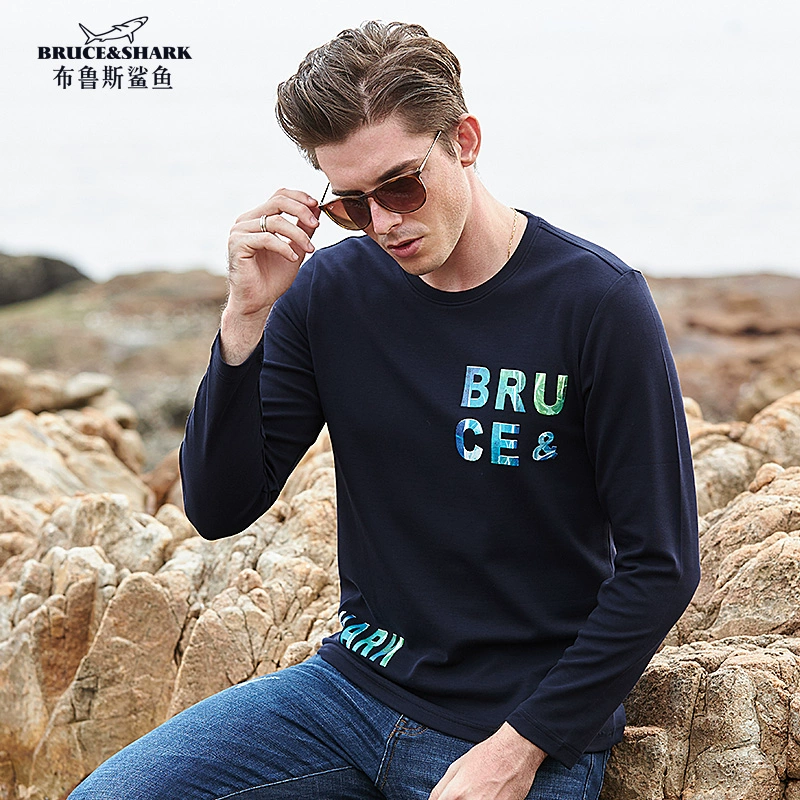 Tide thương hiệu mùa xuân và mùa thu nam áo thun dài tay Bruce Shark nam xu hướng dày hàng đầu nam rộng kích thước lỏng lẻo - Áo phông dài