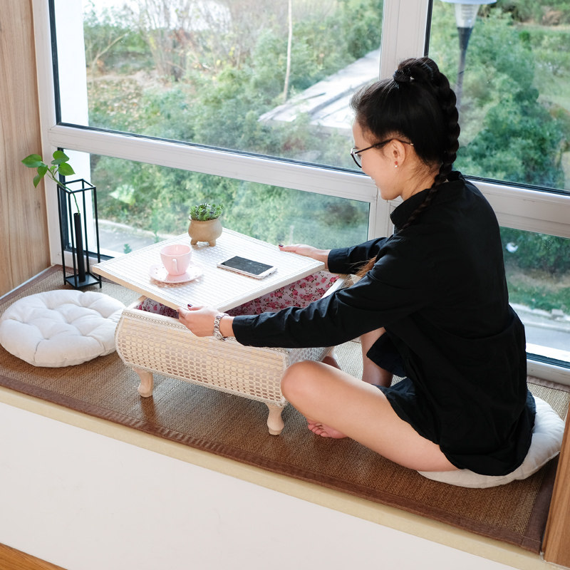 Bay window small tea table creative grass and rattan weaving simple modern Nordic Japanese window sill kang table storage tatami small table