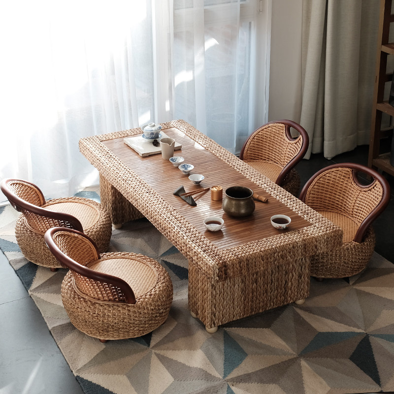 Tatami tea table combination Japanese tea table table simple B&B low table Kang table rattan woven Zen bay window small table
