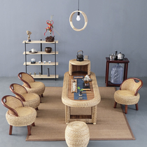  Balcony tea table and chair combination Household small tea table Simple modern Zen low table Solid wood rattan tatami tea table