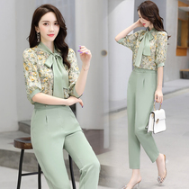 2021 new summer celebrities fashion temperament pants set women light mature style chiffon two-piece Foreign Air