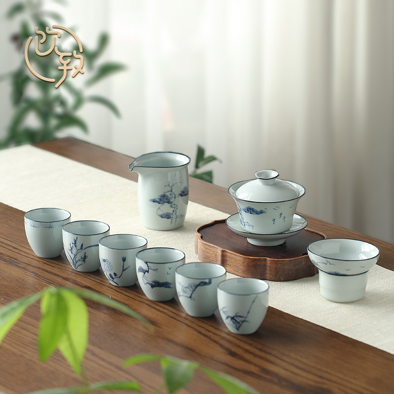 Drink to Tao Clay Jingdezhen Hand Painted Green Flowers Kungfu Tea Set Group Home ceramic lid Bowl Tea Cup High-end 9 pieces