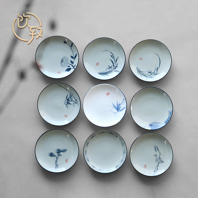 Drink-To-Hand Painted Green Flowers Tea Demerit Tea Cup Mat Jingdezhen ceramic Cup Imitation Ancient Tea Dish Tea Track Zero Deserve