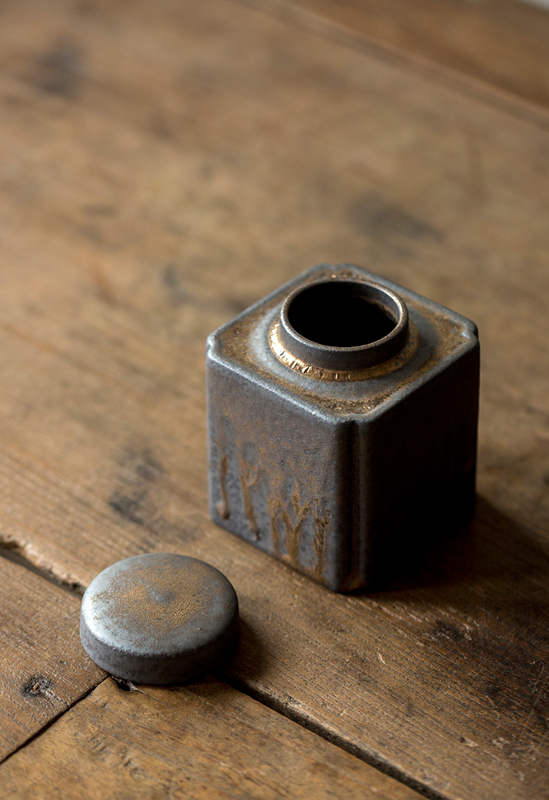 Ultimately responds to coarse pottery vintage Japanese small caddy fixings gold variable storage POTS trumpet tea warehouse, black iron wake POTS of gold