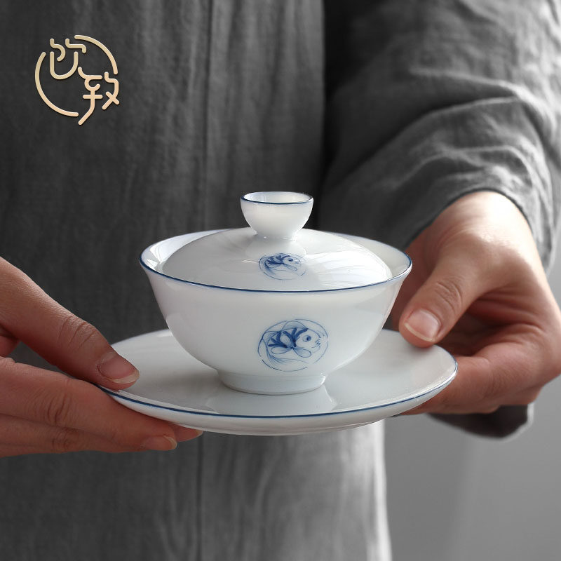 Drink To White Porcelain Hand Painted Green Flower Cover Bowl Tea Cup Small Number Handmade Thin Tire Triple Only Bubble Tea Bowl Kung Fu Tea Bowl 100ml