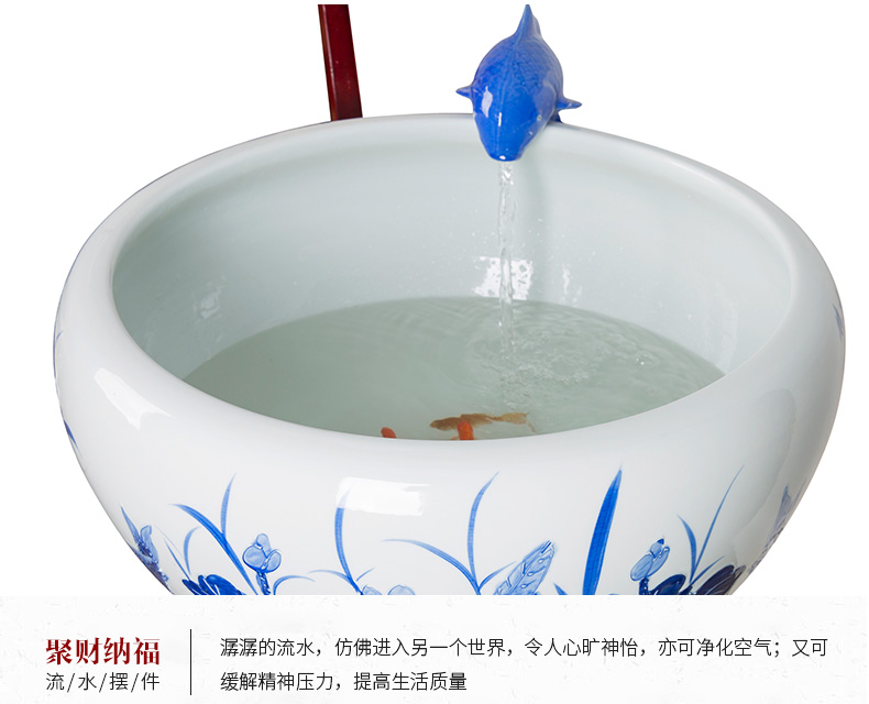 Blue and white porcelain aquarium fish bowl loop filtering large breeding goldfish pond lily sitting room scene in plutus cylinder furnishing articles