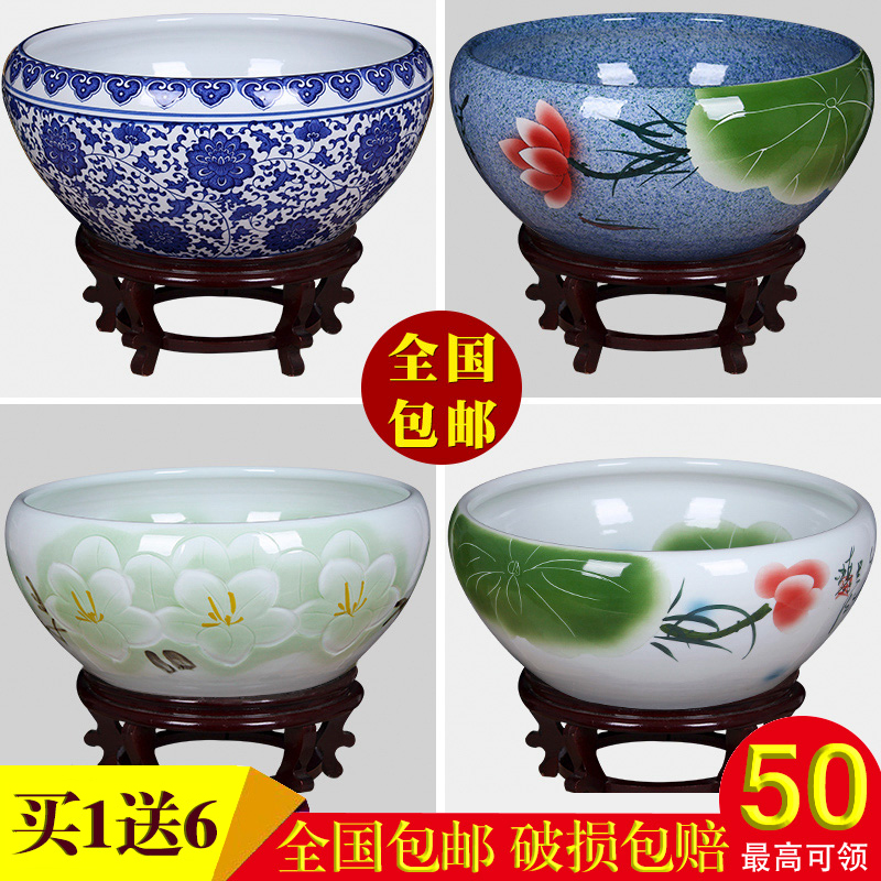 Jingdezhen ceramic aquarium turtle cylinder goldfish bowl of the big tank water lily bowl lotus lotus cylinder cylinder furnishing articles in the living room