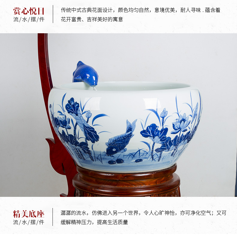 Blue and white porcelain aquarium fish bowl loop filtering large breeding goldfish pond lily sitting room scene in plutus cylinder furnishing articles