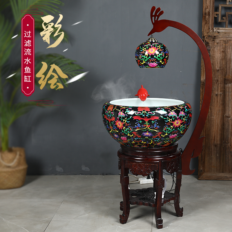 Jingdezhen ceramic aquarium Chinese style furnishing articles fish basin circulation water filter goldfish bowl sitting room home with lamp