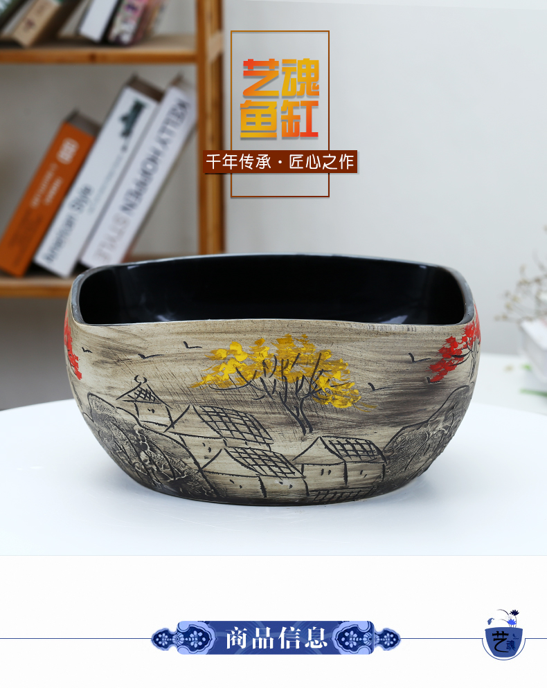 Jingdezhen ceramic aquarium fangyuan lotus blue and white goldfish turtle GangPen sleep bowl lotus refers to basin cylinder tank sitting room