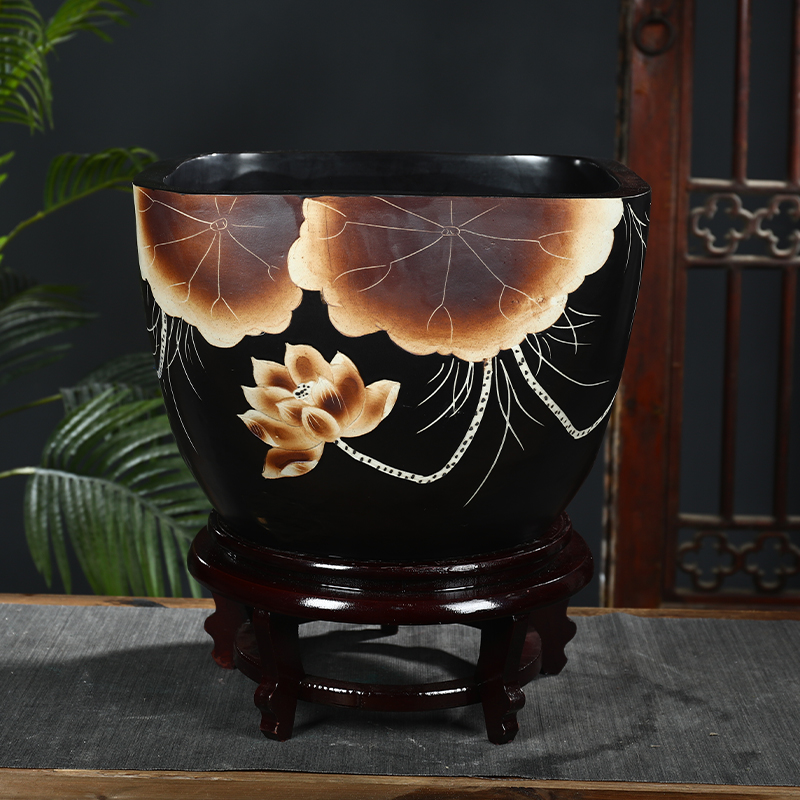 Jingdezhen ceramic aquarium retro courtyard square feng shui plutus goldfish bowl basin of water lily lotus large tortoise