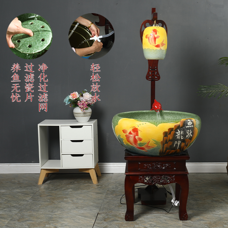 Jingdezhen ceramic Chinese tank furnishing articles filter tank circulation water lotus goldfish turtle cylinder porcelain jar