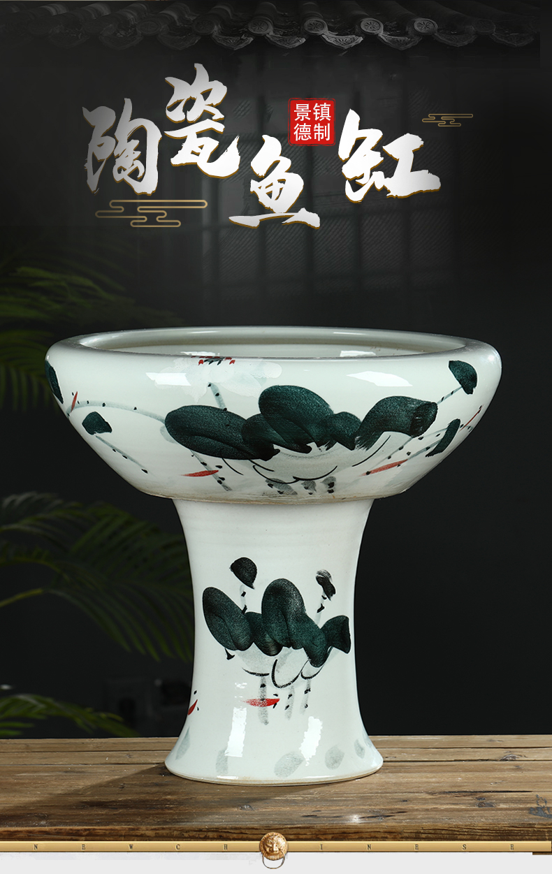 Jingdezhen ceramic pillar landing fish tank oversized basin courtyard to raise water lily bowl lotus goldfish bowl lotus cylinder