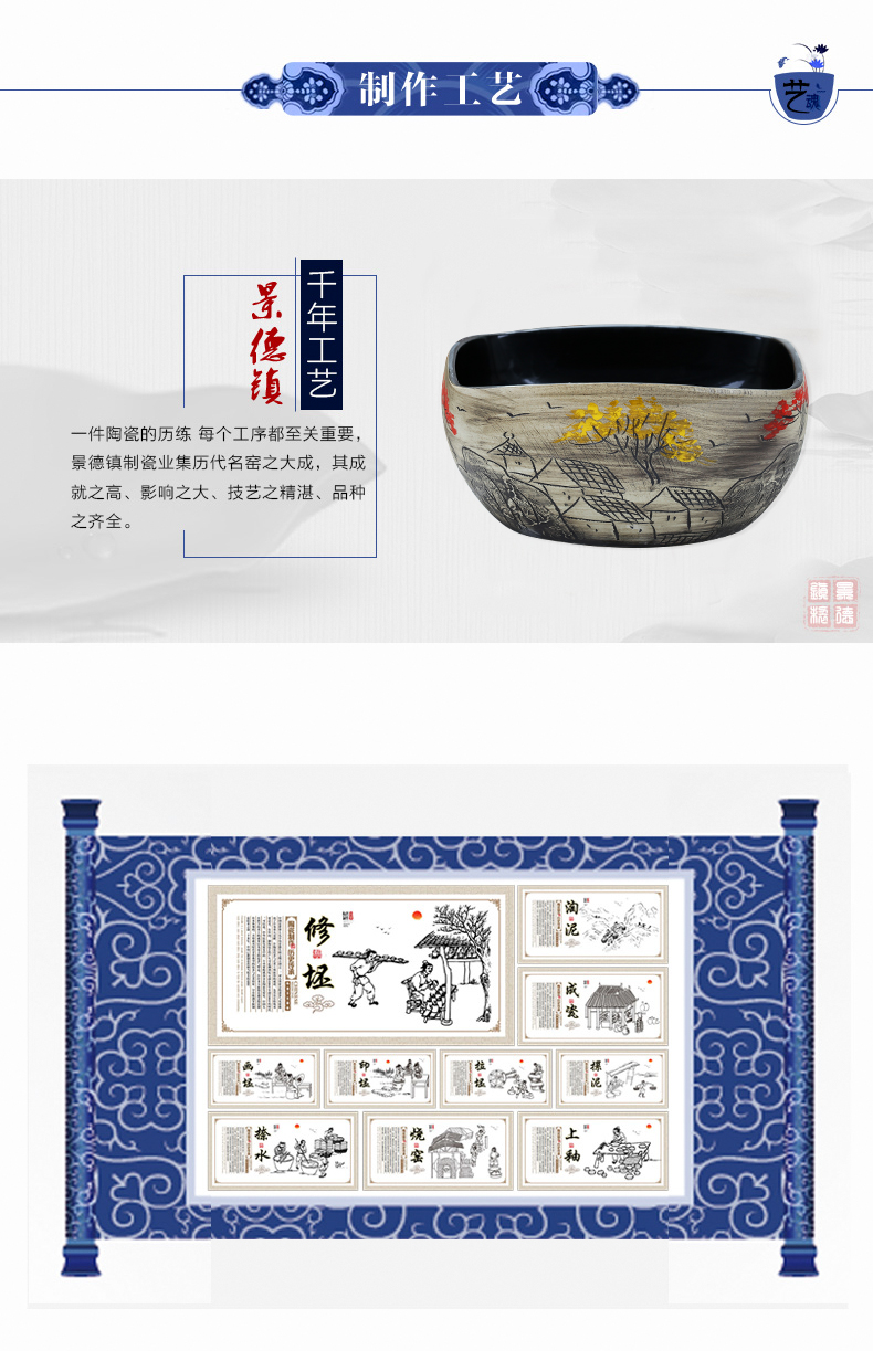 Jingdezhen ceramic aquarium fangyuan lotus blue and white goldfish turtle GangPen sleep bowl lotus refers to basin cylinder tank sitting room