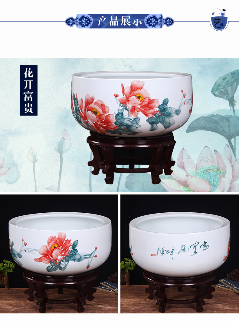 Jingdezhen ceramic aquarium turtle cylinder goldfish bowl lotus cylinder fish bowl lotus lotus cylinder furnishing articles in the living room