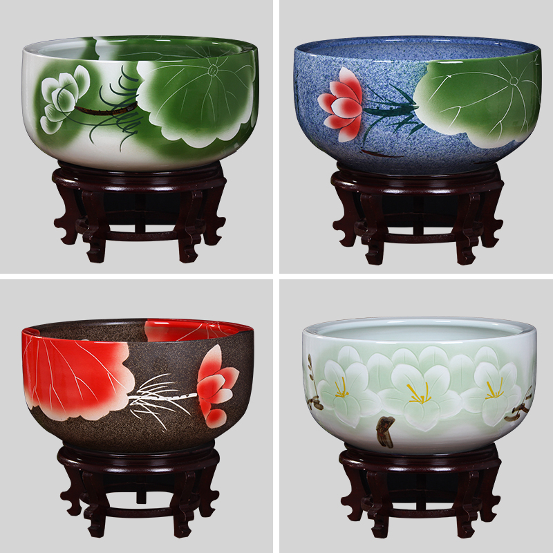 Jingdezhen ceramic aquarium turtle cylinder goldfish bowl lotus cylinder fish bowl lotus lotus cylinder furnishing articles in the living room