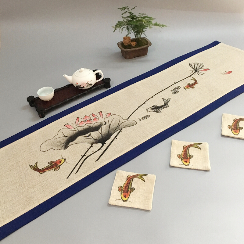Painting retro table flag Chinese Zen cotton linen art Chinese style tea table Rectangular tea table Tea table tablecloth