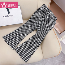 Girls flared pants 2021 autumn new medium and large children Korean version of the thousand bird grid split casual pants childrens stretch pants