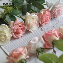 High Realistic Wet Sensation Rose Flower Emulation Flower Single Powder Color Plastic Floral Swing Piece Living-room Decoration Photo Fake Flowers